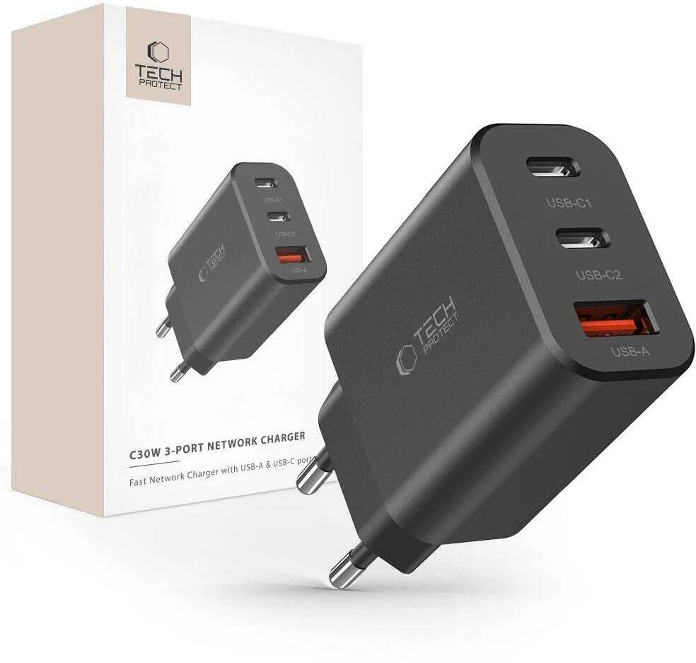 Laidinis įkroviklis 30W 2x PD USB-C + QC3.0 USB Tech-Protect C30W juodos spalvos