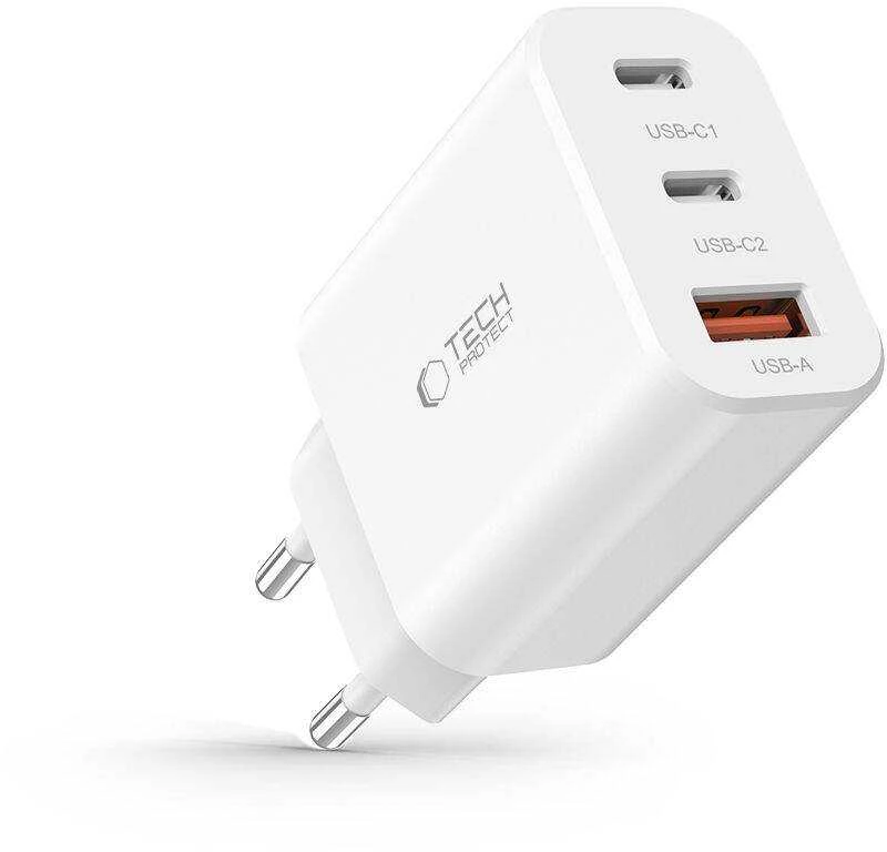 Laidinis įkroviklis 30W 2x PD USB-C + QC3.0 USB Tech-Protect C30W baltos spalvos