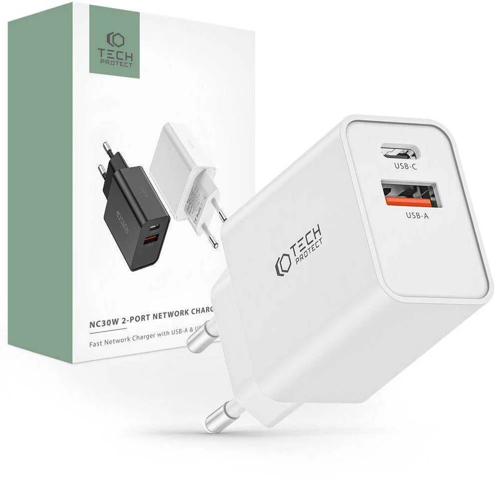 Laidinis įkroviklis 30W PD USB-C + QC3.0 USB Tech-Protect NC30W baltos spalvos