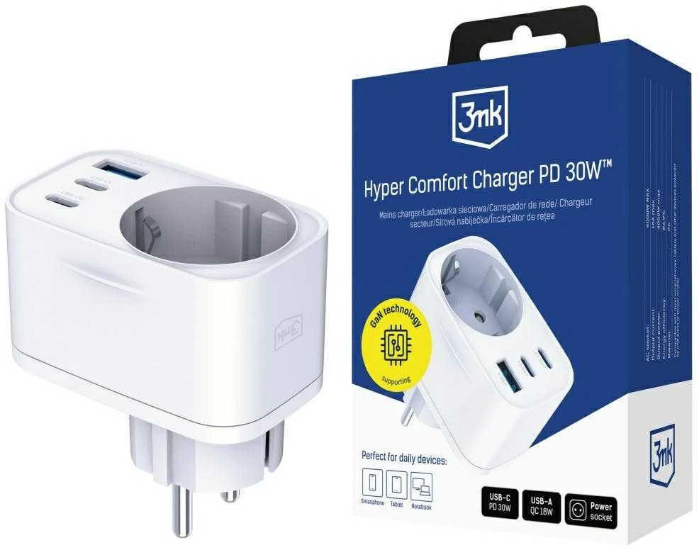 3Mk apsaugos priedai - 3mk komfortiškas įkroviklis GaN 30W QC PD PPS 2C1A1S Baltas