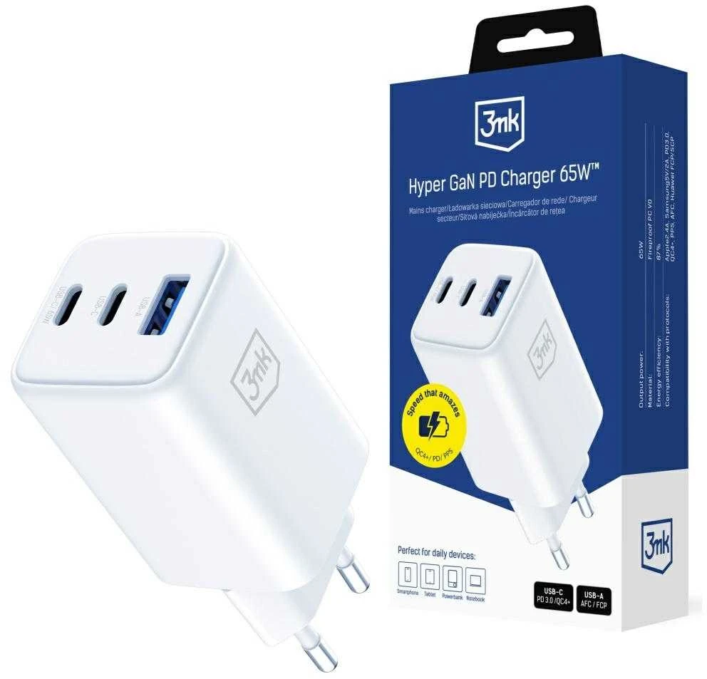 3Mk apsaugos priedai - 3mk Hyper GaN įkroviklis 65W QC4+ PD PPS USB 1A2C Baltas EU