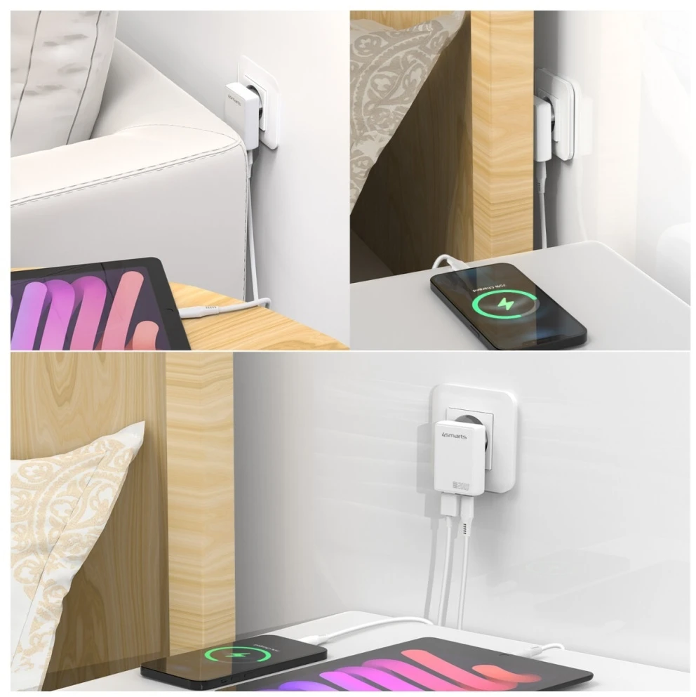 Sieninis įkroviklis 4smarts FlatPlug Duos 20W GaN USB-C + USB-A baltas
