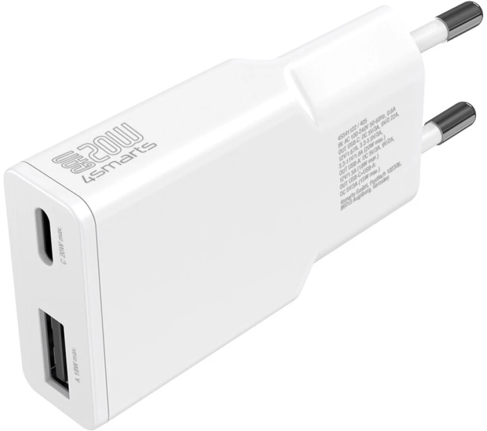 Sieninis įkroviklis 4smarts PDPlug Slim Duos 20W GaN USB-C+USB-A + USB-C kabelis 1.5m baltos spalvos