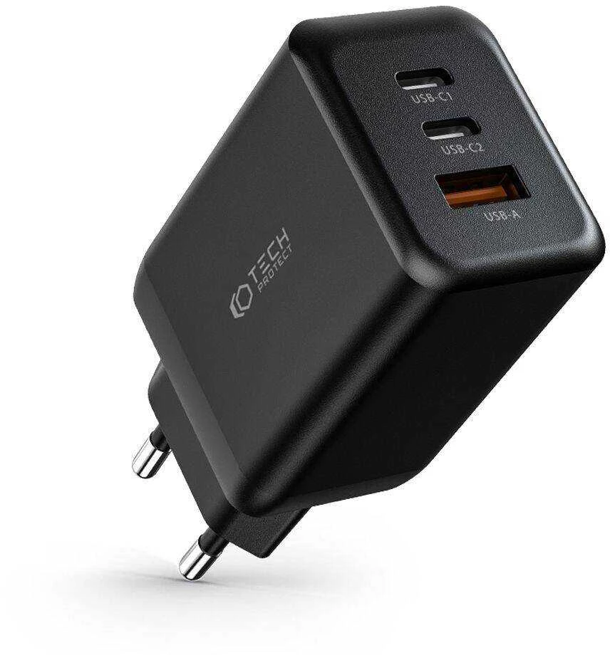 Laidinis įkroviklis 65W 2x USB-C PD + QC3.0 USB Tech-Protect C65W juodos spalvos