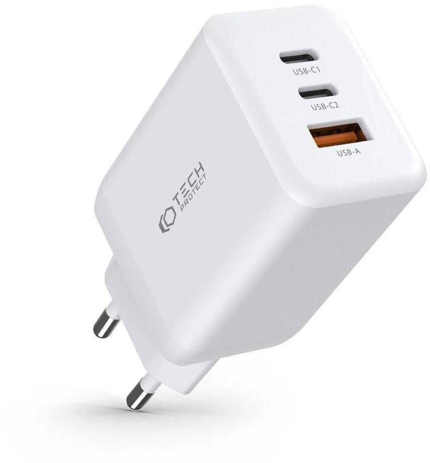 Laidinis įkroviklis 65W 2x USB-C PD + QC3.0 USB Tech-Protect C65W baltos spalvos