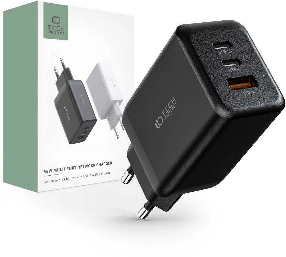 Laidinis įkroviklis 65W 2x USB-C PD + QC3.0 USB Tech-Protect C65W juodos spalvos