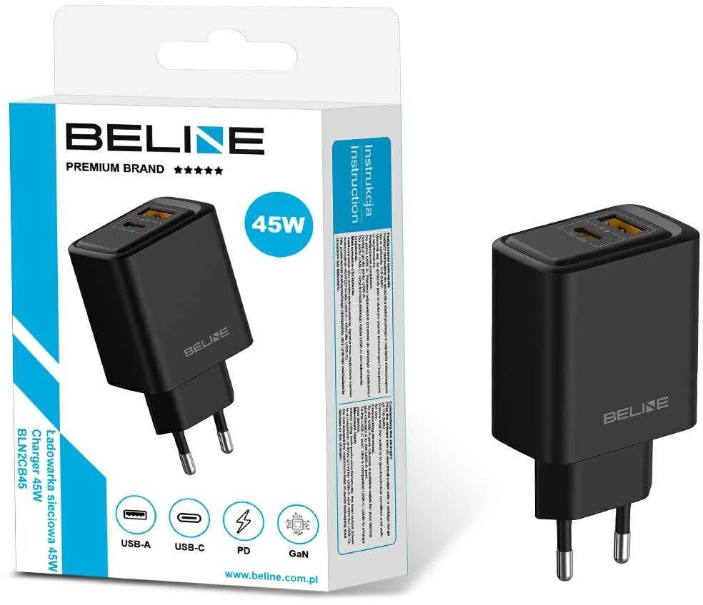 Laidinis įkroviklis Beline 45W USB-A/USB-C BLN2CB45 juodos spalvos