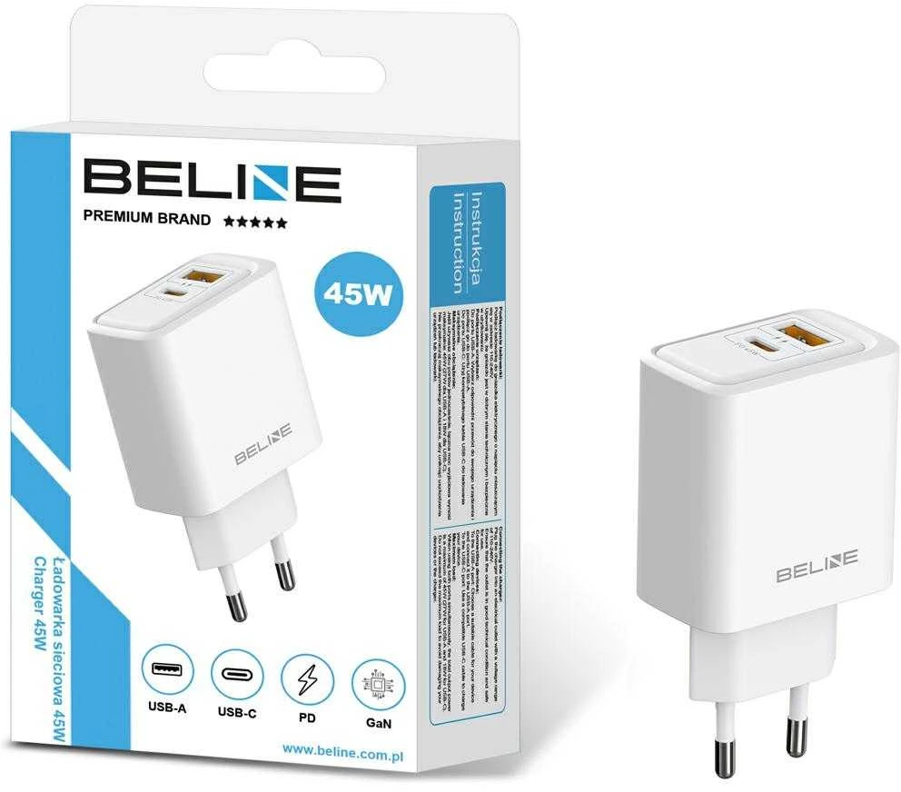 Laidinis įkroviklis Beline 45W USB-A/USB-C BLN2CW45 baltos spalvos