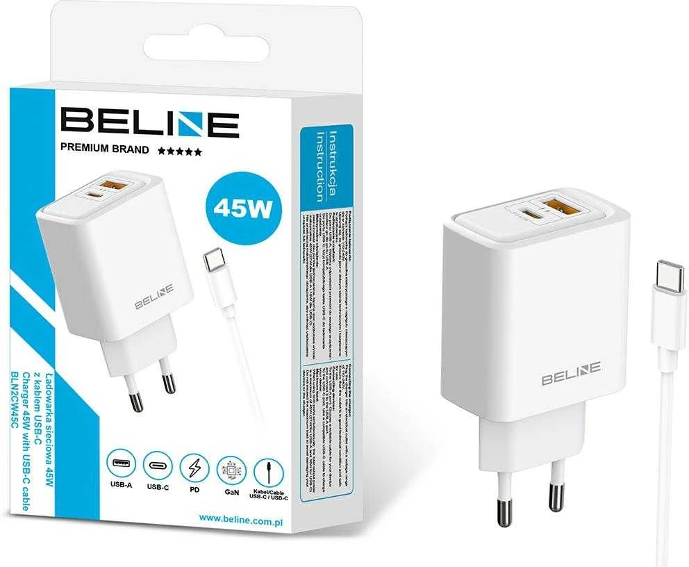 Laidinis įkroviklis Beline 45W USB-A/USB-C + cable USB-C BLN2CW45C baltos spalvos