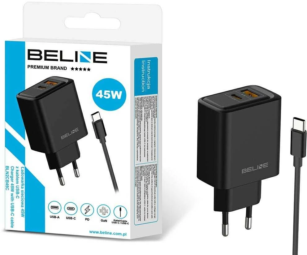 Laidinis įkroviklis Beline 45W USB-A/USB-C + cable USB-C BLN2CB45C juodos spalvos