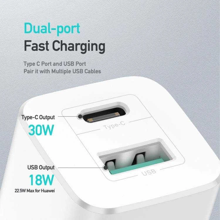 Laidinis įkroviklis Dux Ducis C80 Super Si – USB + Type C – PD 30W QC 3.0 18W 3A baltos spalvos