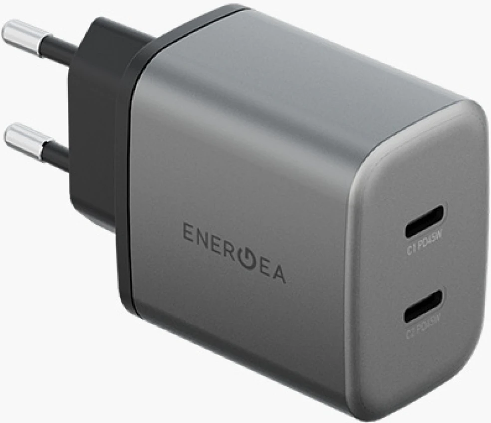 Laidinis įkroviklis Energea Ampcharge GaN45 2xUSB-C PD/PPS/QC3.0 45W pilkas