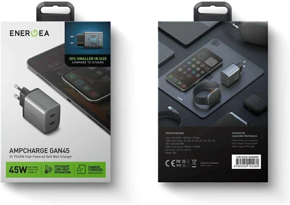 Laidinis įkroviklis Energea Ampcharge GaN45 2xUSB-C PD/PPS/QC3.0 45W pilkas