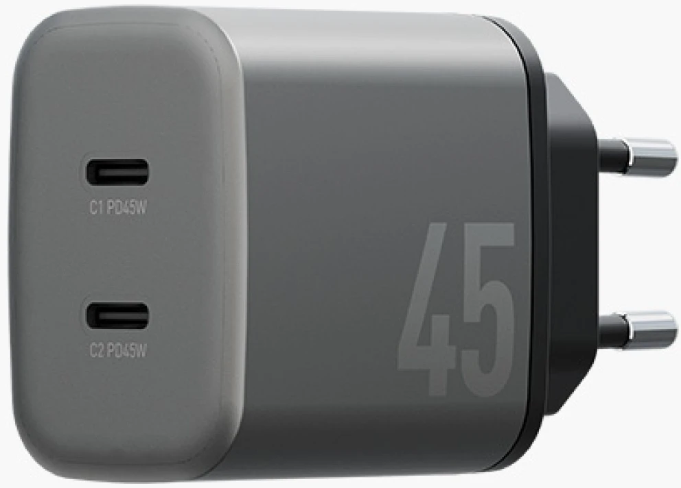 Laidinis įkroviklis Energea Ampcharge GaN45 2xUSB-C PD/PPS/QC3.0 45W pilkas