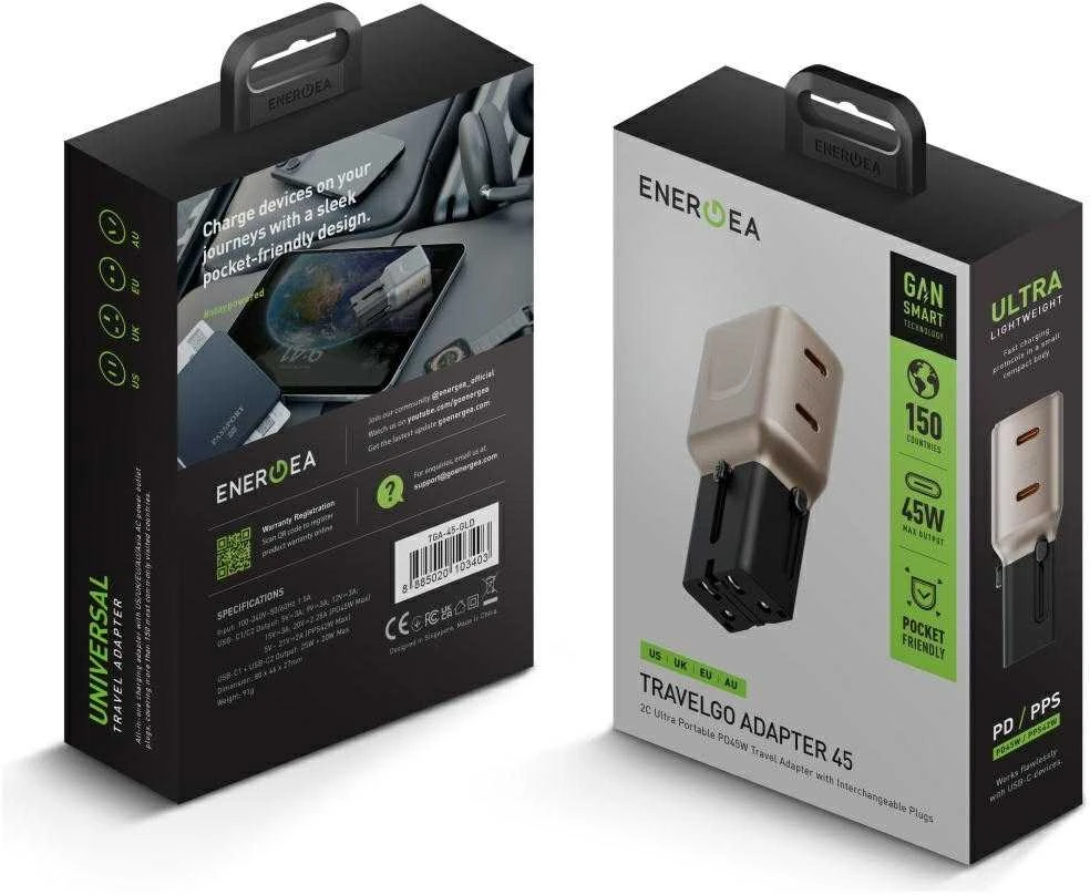 Laidinis įkroviklis Energea TravelGo Adapteris 45 2xUSB-C 45W auksinis-juodos spalvos