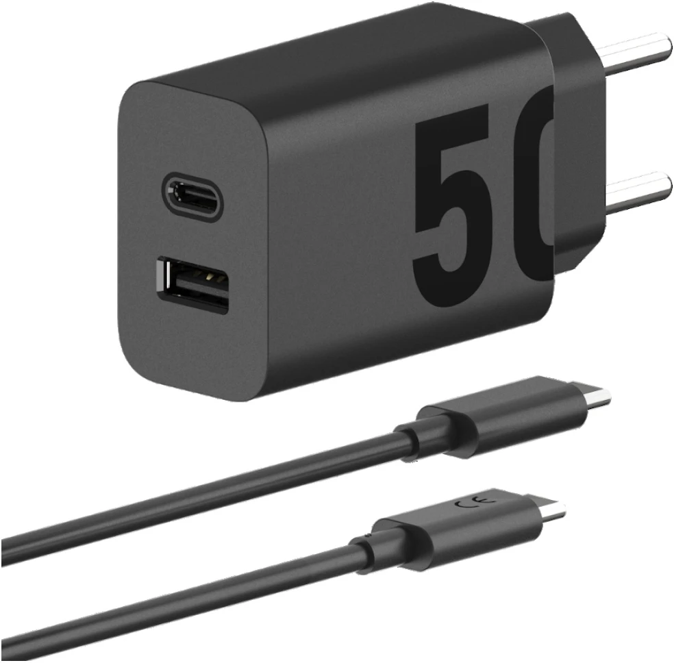 Įkroviklis Motorola TurboPower 50W dvigubas USB-C/USB-A su USB-C laidu 1m juodos spalvos