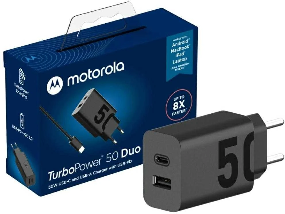 Įkroviklis Motorola TurboPower 50W dvigubas USB-C/USB-A su USB-C laidu 1m juodos spalvos