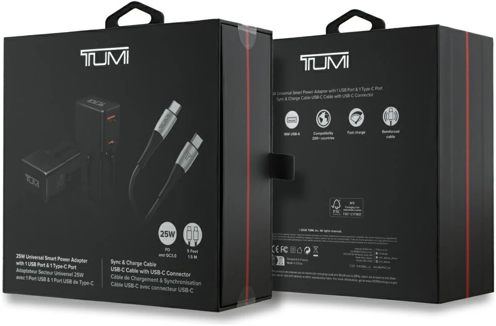 Power Charger TUMI Kelioninis įkroviklis 25W USB-C / USB-A + Cable USB-C/USB-C juodos spalvos