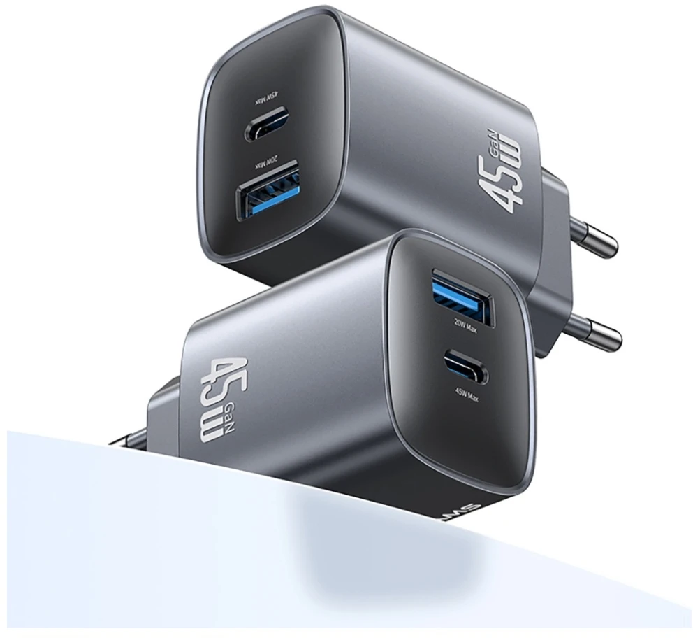 Laidinis įkroviklis USAMS CC290 T66 45W GaN 1xUSB-A 1xUSB-C sidabrinis
