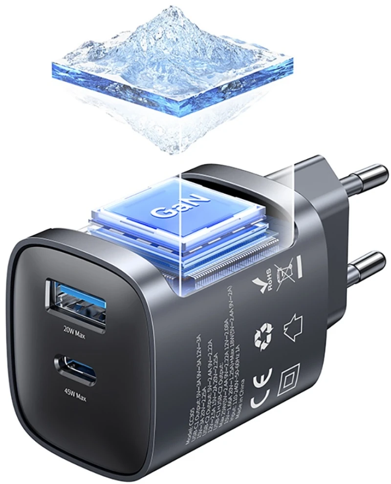 Laidinis įkroviklis USAMS CC290 T66 45W GaN 1xUSB-A 1xUSB-C sidabrinis