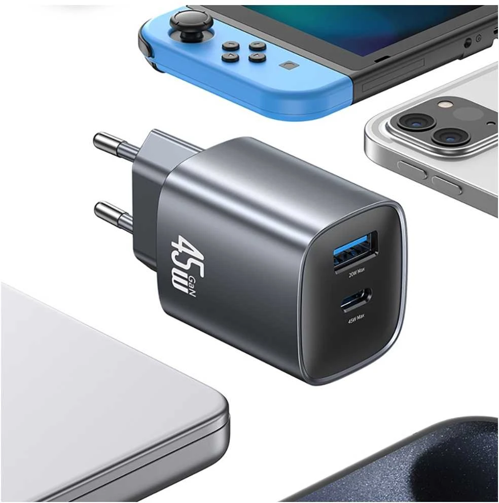 Laidinis įkroviklis USAMS CC290 T66 45W GaN 1xUSB-A 1xUSB-C sidabrinis