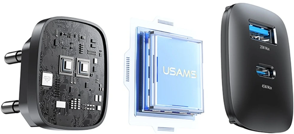 Laidinis įkroviklis USAMS CC290 T66 45W GaN 1xUSB-A 1xUSB-C sidabrinis