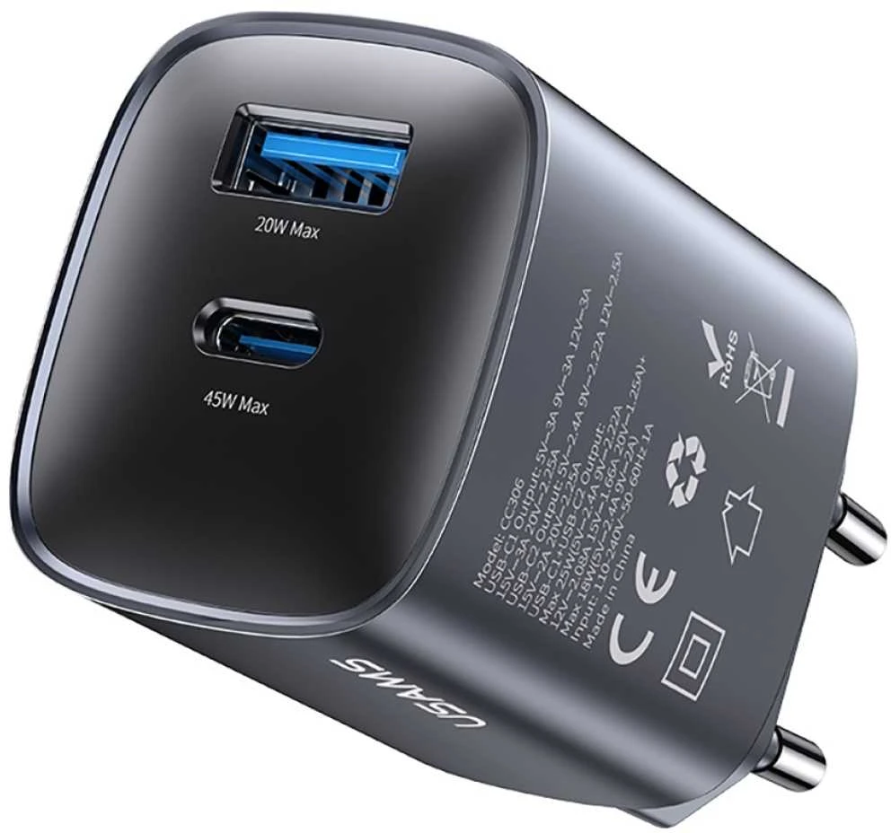 Laidinis įkroviklis USAMS CC290 T66 45W GaN 1xUSB-A 1xUSB-C sidabrinis