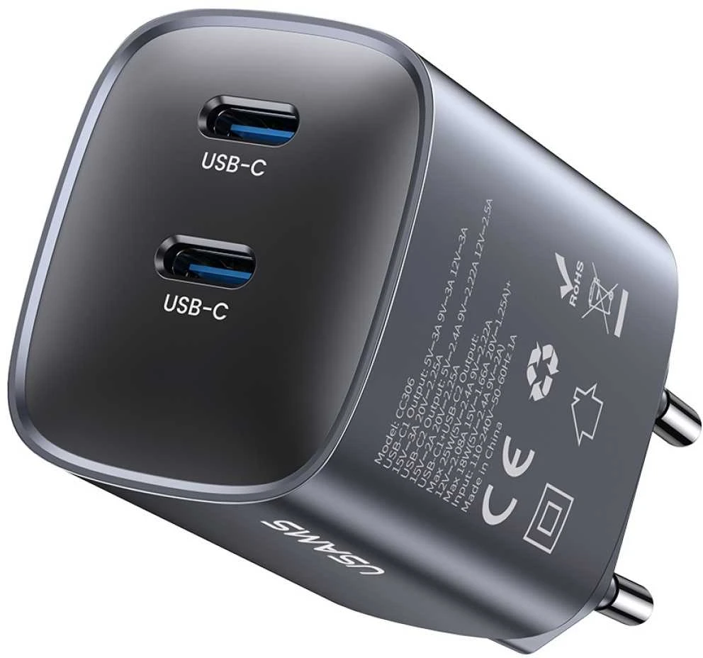 Laidinis įkroviklis USAMS CC305 T66 45W GaN 2xUSB-C tarnish