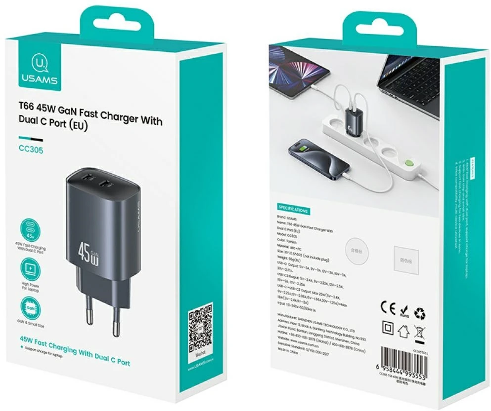 Laidinis įkroviklis USAMS CC305 T66 45W GaN 2xUSB-C tarnish