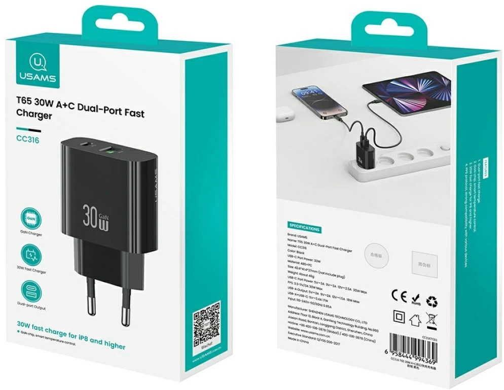 Laidinis įkroviklis USAMS CC316 T65 30W 1xUSB-C 1xUSB-A Fast Charging juodos spalvos