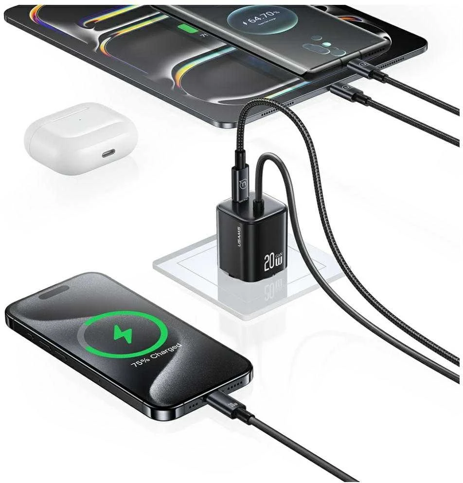 USAMS JC Series CC261 20W GaN Mini Fast Charger 2xUSB-C baltos spalvos