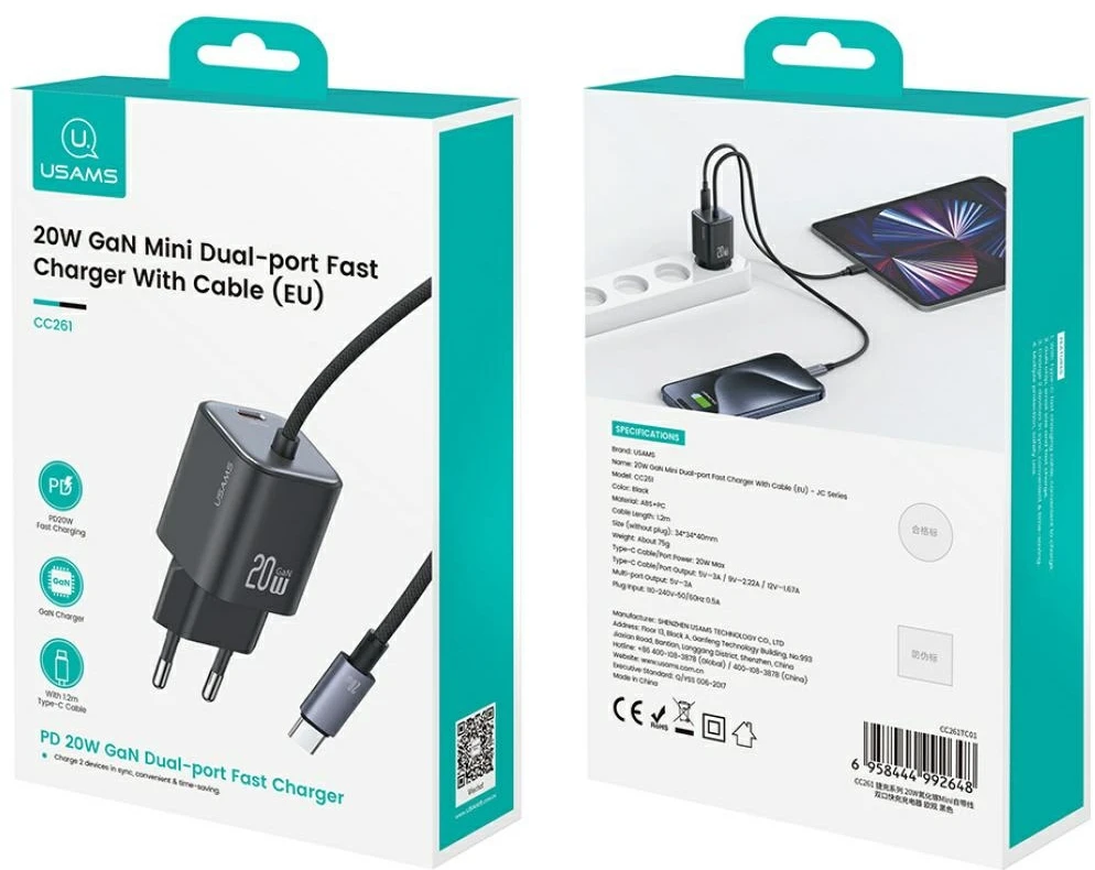 USAMS JC Series CC261 20W GaN Mini Fast Charger 2xUSB-C juodos spalvos