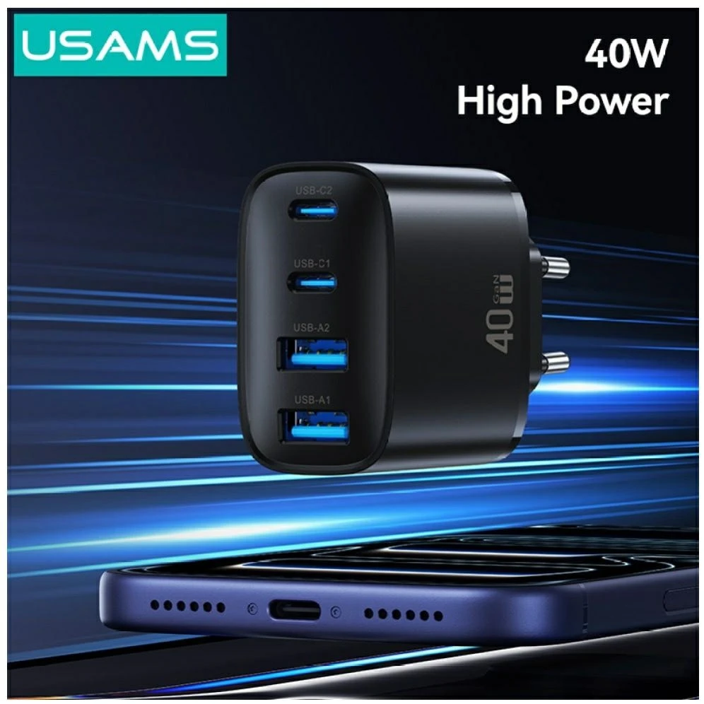Laidinis įkroviklis USAMS T70 40W 2xUSB-A/2xUSB-C juodos spalvos