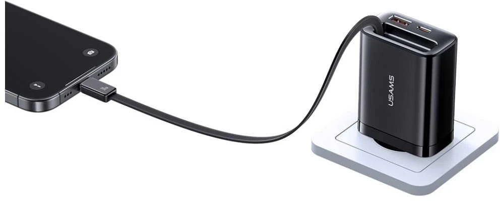 Laidinis įkroviklis USAMS Xiang Series CC296 30W 1xUSB-C 1xUSB-A + USB-C cable juodos spalvos