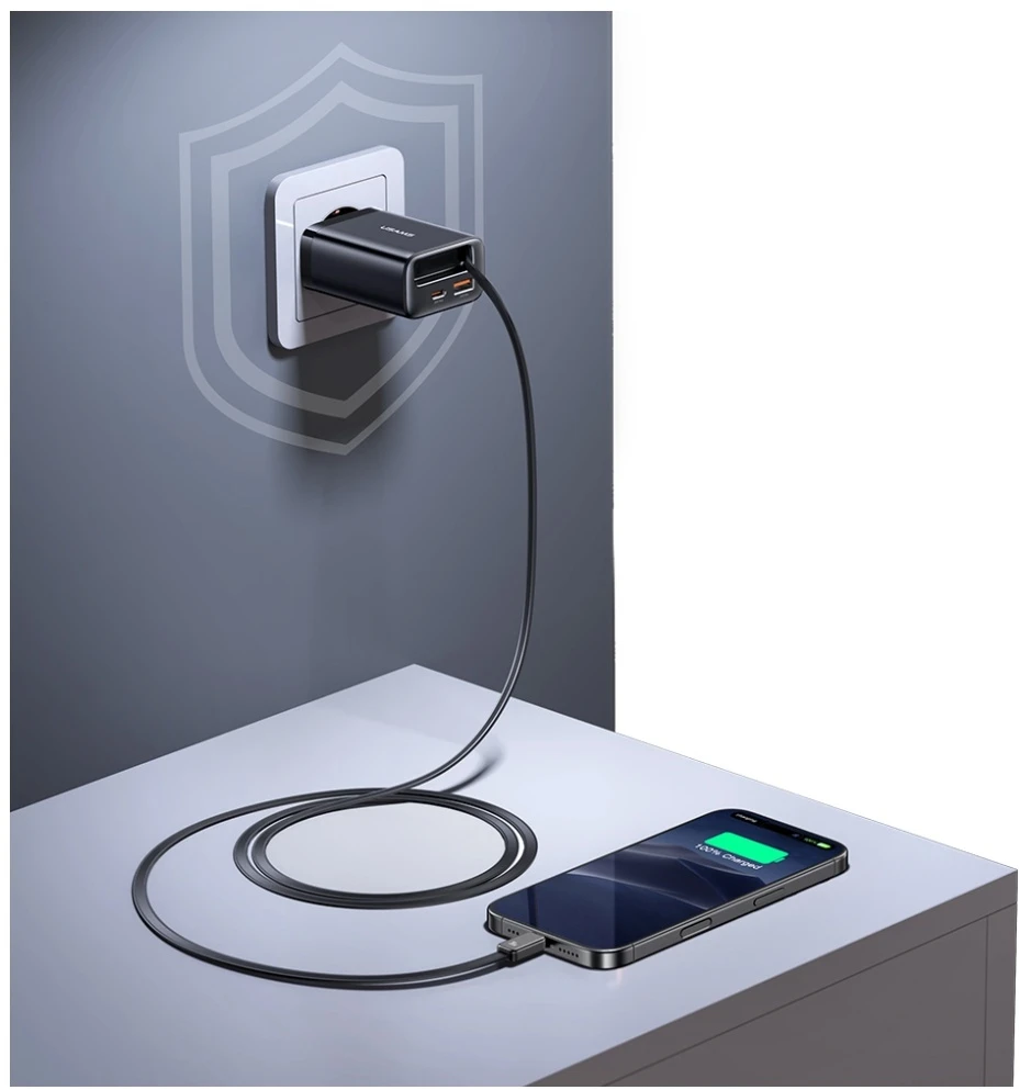 Laidinis įkroviklis USAMS Xiang Series CC296 30W 1xUSB-C 1xUSB-A + USB-C cable juodos spalvos