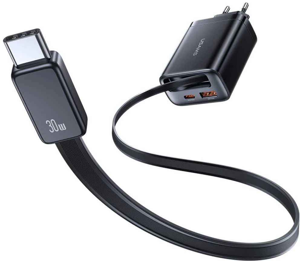Laidinis įkroviklis USAMS Xiang Series CC296 30W 1xUSB-C 1xUSB-A + USB-C cable juodos spalvos
