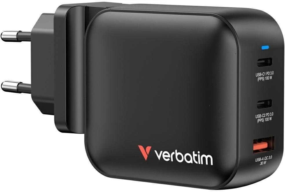 Laidinis įkroviklis Verbatim Mini GaN 100W 2xUSB-C PD/1x USB-A QC juodos spalvos 32230