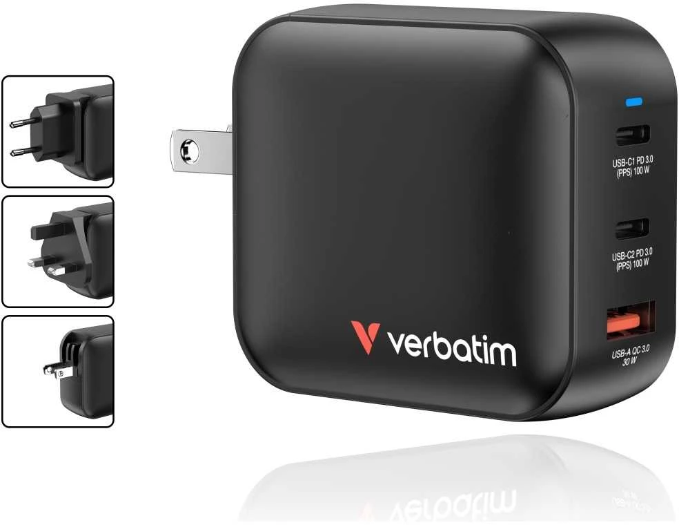 Laidinis įkroviklis Verbatim Mini GaN 100W 2xUSB-C PD/1x USB-A QC juodos spalvos 32230