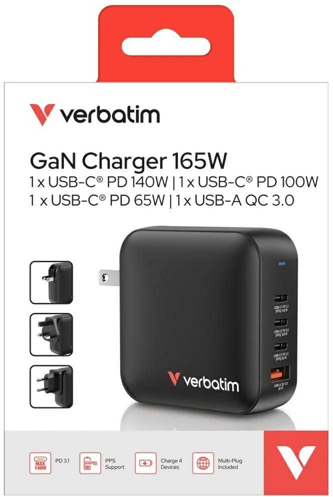 Verbatim Mini GaN Charger 165W Universalus Juoda AC Spartusis įkrovimas Vidaus