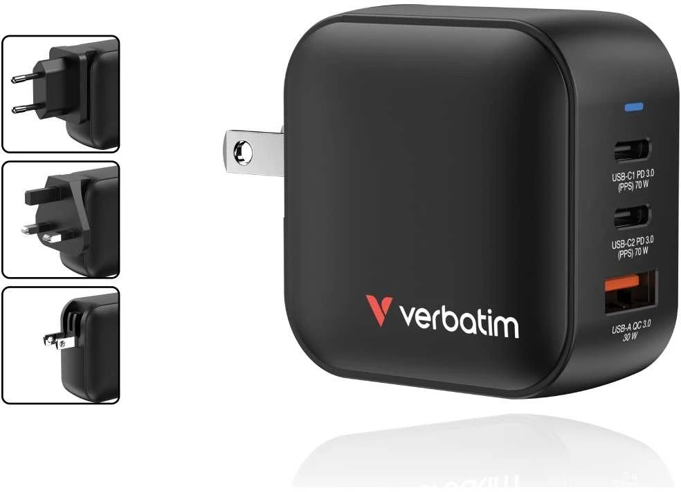 Laidinis įkroviklis Verbatim Mini GaN 70W 2xUSB-C PD/1x USB-A QC juodos spalvos 32229