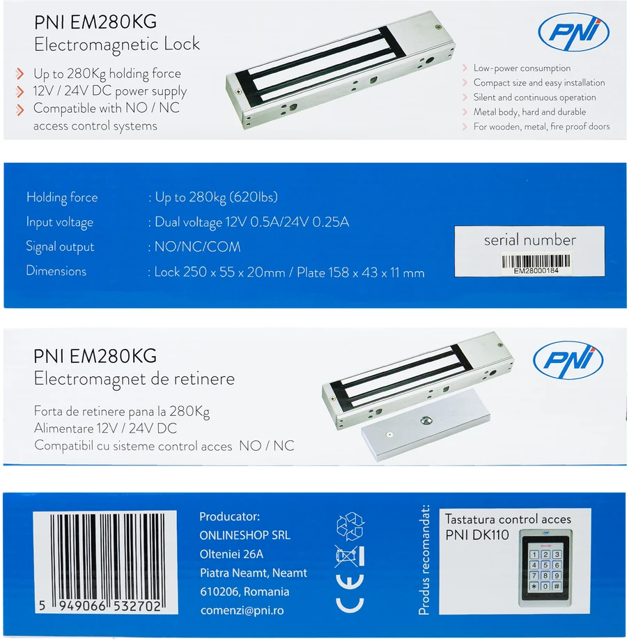 Laikantis elektromagnetas PNI EM280KG NO/NC/COM, uždarymo jėga 280kg, maitinimo įtampa 12V 24V