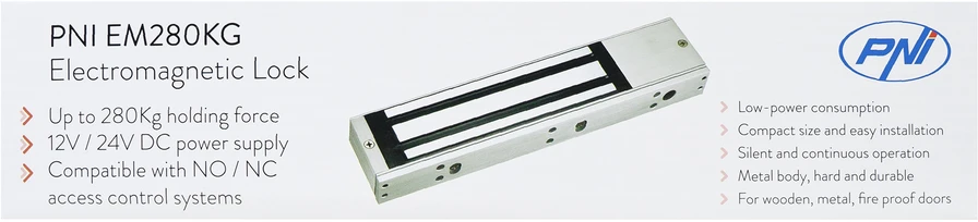 Laikantis elektromagnetas PNI EM280KG NO/NC/COM, uždarymo jėga 280kg, maitinimo įtampa 12V 24V