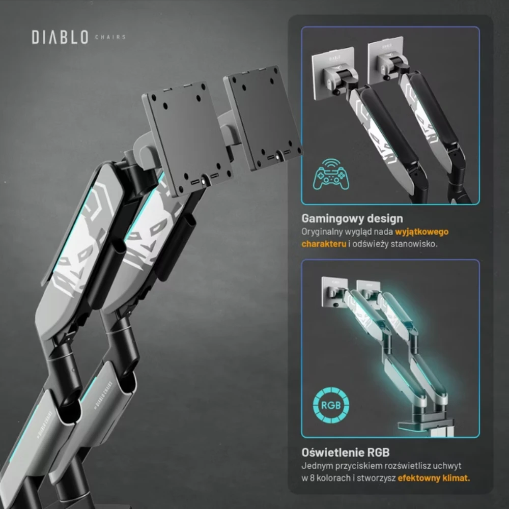 Diablo Chairs Diablo dvigubas monitoriaus laikiklis 49 colių ekranams | Pilka-juoda RGB X-Arm Dual