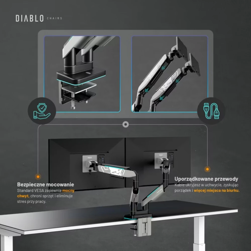 Diablo Chairs Diablo dvigubas monitoriaus laikiklis 49 colių ekranams | Pilka-juoda RGB X-Arm Dual