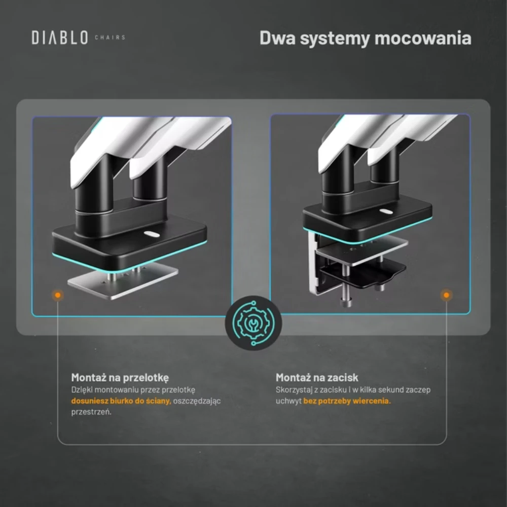 Laikiklis Diablo Chairs Diablo RGB X-Arm Dual 35″ Dual Monitorius Mount baltos spalvos ir juodos spalvos