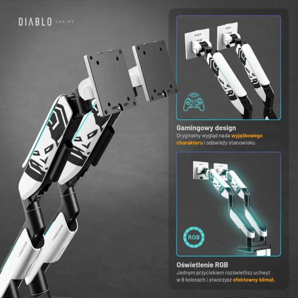 Laikiklis Diablo Chairs Diablo RGB X-Arm Dual 35″ Dual Monitorius Mount baltos spalvos ir juodos spalvos