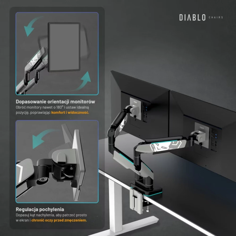 Diablo Chairs Diablo dvigubas monitoriaus laikiklis 49 colių ekranams | Pilka-juoda RGB X-Arm Dual