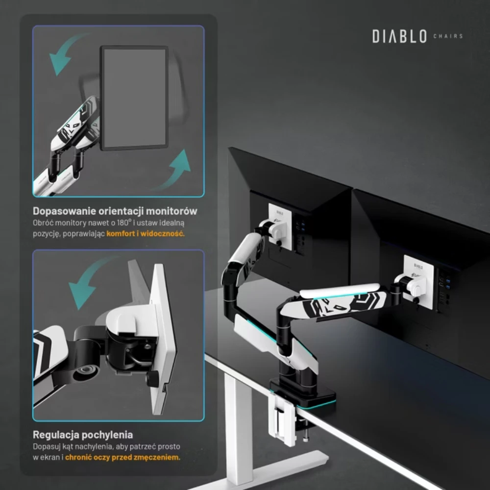 Laikiklis Diablo Chairs Diablo RGB X-Arm Dual 35″ Dual Monitorius Mount baltos spalvos ir juodos spalvos