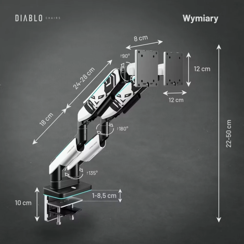 Laikiklis Diablo Chairs Diablo RGB X-Arm Dual 35″ Dual Monitorius Mount baltos spalvos ir juodos spalvos