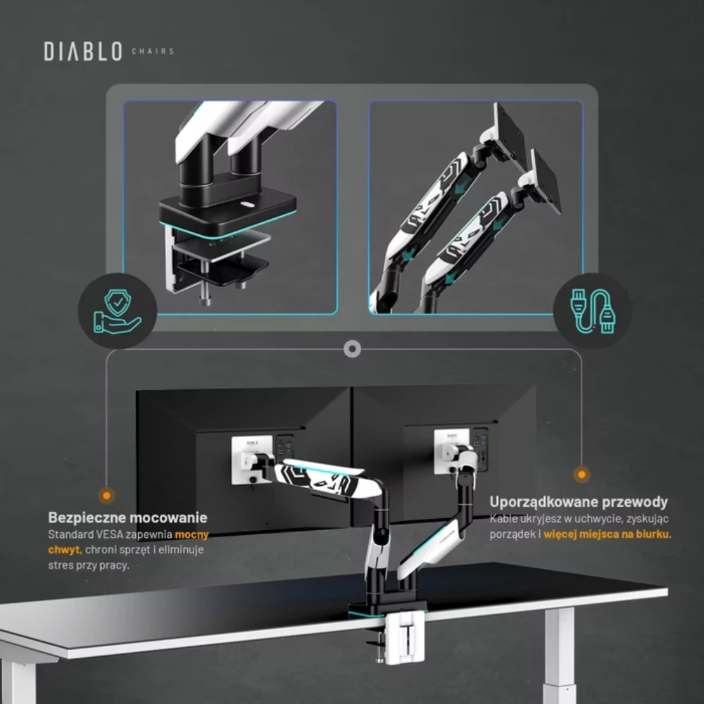 Laikiklis Diablo Chairs Diablo RGB X-Arm Dual 35″ Dual Monitorius Mount baltos spalvos ir juodos spalvos